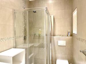 a shower with a glass door in a bathroom at Cavallo Guesthouse in Windhoek