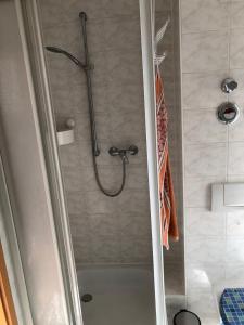 a shower in a bathroom with a glass door at helle 1Raum Wohnung Apartment mit Balkon und Küche in Dresden +2 photos