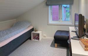 ein Schlafzimmer mit einem Bett, einem Fernseher und einem Stuhl in der Unterkunft 3 Bedroom Cozy Home In Farsund in Farsund