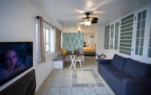 a living room with a couch and a flat screen tv at Romantic Dorado Beach Studio in Dorado +22 photos
