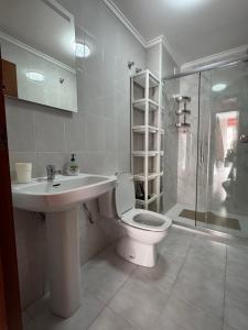 łazienka z toaletą, umywalką i prysznicem w obiekcie Gallud Apartament w mieście Torrevieja