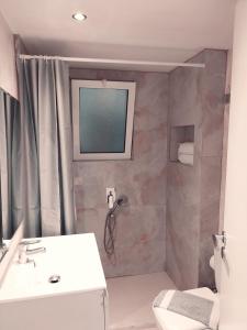 a bathroom with a shower and a sink and a toilet at Danai House in Rhodes Town