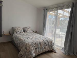a bedroom with a bed and a large window at Villa DELTA in Sainte-Marie +13 photos