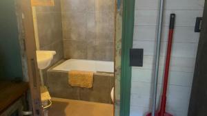 a bathroom with a shower with a tub and a toilet at Mercado NicoLore in Villa La Angostura