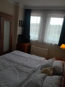 a bedroom with a large bed and a window at Alma Apartman 713 in Zalakaros