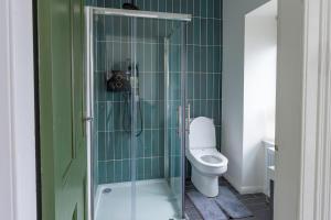 un bagno con wc e doccia in vetro di The Piggery a Castleisland