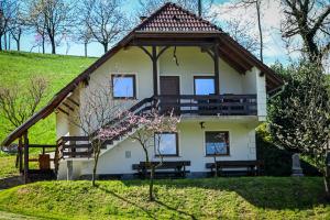 a house with a thatched roof on a hill at Countryside house, 1,5 hour from Bled in Male Brusnice