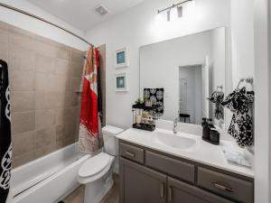 a bathroom with a sink and a toilet and a mirror at Retro Living! in Lewisville