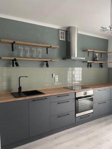 a kitchen with stainless steel appliances and wooden counter tops at Стильна і сучасна квартира з двома спальнями біля Дніпра! in Cherkasy