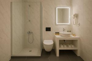 a bathroom with a shower and a toilet and a sink at Virginia Studios in Tinos