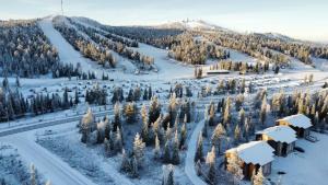 an aerial view of a snow covered mountain with trees at Rukan Hurmos in Ruka