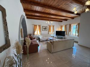 a living room with two couches and a tv at Stone Heaven Villa -Poolside BBQ & Fresh Herbs in Nikithianós