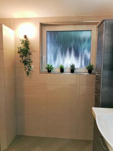a bathroom with potted plants in a window at Haus am See in Lindow