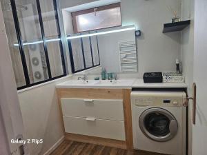 a bathroom with a sink and a washing machine at Chez yoan et laurie in Corbelin