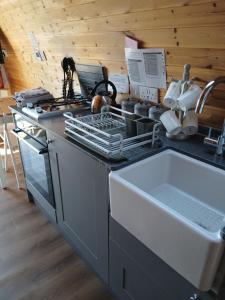 a kitchen with a stove and a sink at Skylark - Pod in Northrepps +22 photos