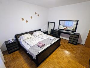 a bedroom with a large bed and a mirror at Apartment Senik in Grgar