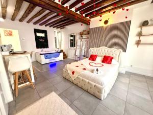 a bedroom with a bed with red pillows on it at Logement moderne avec jacuzzi in Aubervilliers