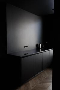 a black kitchen with a black counter top at CrownPlaza Boutique & Central in Chişinău +12 photos