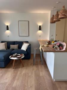 een woonkamer met een blauwe bank en een keuken bij Port Vauban - 6pers - terrasse - parking in Antibes