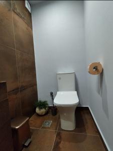 a small bathroom with a toilet and a shower at Olive apartment in Paianía +26 photos