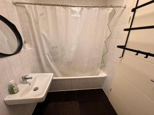 a bathroom with a sink and a shower curtain at A&V Apartments Arena Schalke in Gelsenkirchen