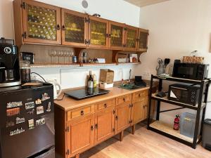 a kitchen with wooden cabinets and a counter with a refrigerator at Casita grün in Worms