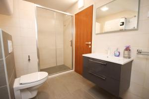 ein Badezimmer mit Dusche, Toilette und Waschbecken in der Unterkunft Apartment Macan in Cavtat + 37 Fotos