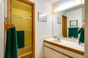 un baño con lavabo y espejo en Spacious Frisco Retreat with Private Hot Tub!, en Frisco 23 fotos más