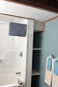a bathroom with a sink and a shower with blue walls at Mountainview Solitude Inn in Riverside +35 photos