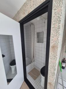 - Baño con 2 aseos y espejo en Vlier aan zee, en Katwijk aan Zee