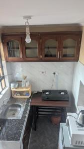 a kitchen with a counter with a sink and a stove at National Housing Estates in Kakamega