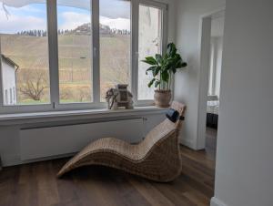Winzervilla Kammerhof - 3x stilvolle & geräumige FeWos mit Moselblick, 2-12 Gäste buchbar, direkt am Moselradweg في برونبيبيرغ: غرفة معيشة مع كرسي أمام نافذة