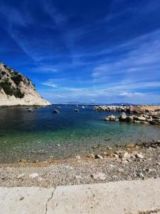 une plage avec des bateaux dans un plan d'eau dans l'établissement Cabanon dans la calanque de la Vesse, à Le Rove