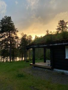 a cabin with a deck with a cat sitting on it at Large and beautiful cabin in Løfald