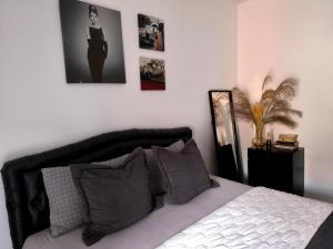 a bedroom with a black and white bed with pillows at Book home in Vršac
