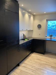 a kitchen with black cabinets and a black refrigerator at House in Vågan in Hopen