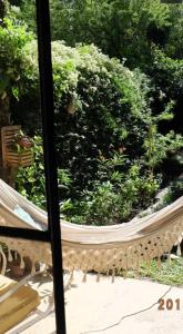 una hamaca en un jardín con vistas a través de una ventana en casa de rio en bajo san isidro, en San Isidro