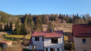 an aerial view of a house with red roofs at Ferienwohnung Natur pur in Oberschönau