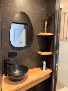 a bathroom with a mirror and a bowl on a counter at Urk-Stay in Tollebeek +42 photos