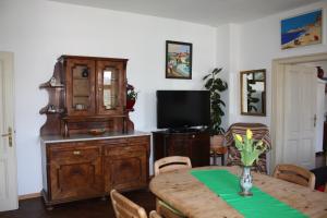 a dining room with a table and a tv at Chez Pierre in Lunz am See