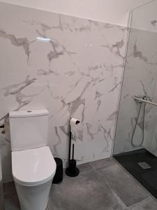 ein Bad mit einem WC und einer Marmorwand in der Unterkunft Refugio Catanho in São Vicente + 12 Fotos