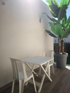 une table, deux chaises et une plante en pot dans l'établissement Le Cocon de Marine, à Triel-sur-Seine
