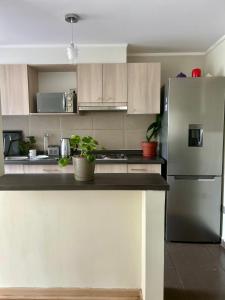 a kitchen with a stainless steel refrigerator and cabinets at Amplio departamento in Temuco