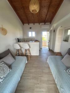 a living room with two beds and a kitchen at Oleander Apartment in Agios Georgios