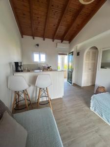 a kitchen and living room with a counter and chairs at Oleander Apartment in Agios Georgios +26 photos
