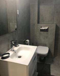 a bathroom with a white sink and a toilet at Morski z ogródkiem in Pogorzelica