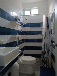 a blue and white bathroom with a toilet and a sink at Casa Mara in Río Lagartos