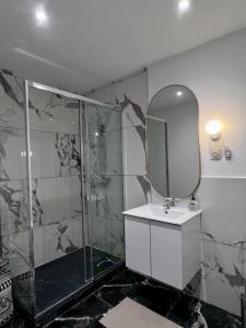 ein Badezimmer mit Dusche, Waschbecken und Spiegel in der Unterkunft Féria apartment city center in Béziers