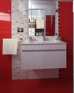 マスパロマスにあるWeisshorn Bungalow Aの白い洗面台と鏡のあるバスルーム