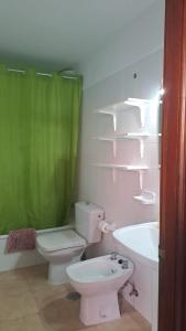 ein Badezimmer mit einem grünen Duschvorhang, einem WC und einem Waschbecken in der Unterkunft Vivienda Amanecer in Los Cancajos